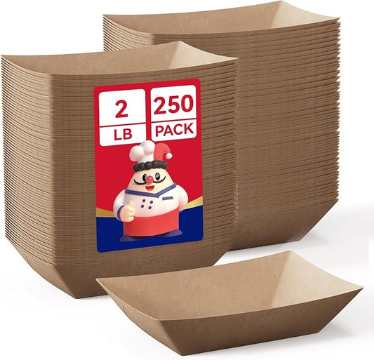 JOLLY CHEF 2lb Paper Food Trays, 250 Pack Disposable Paper Boat, Serving Boats for Gameday, Food Holder Trays for Snacks French Fries Nachos Hot Dog Tacos BBQ Party by JOLLYCHEF