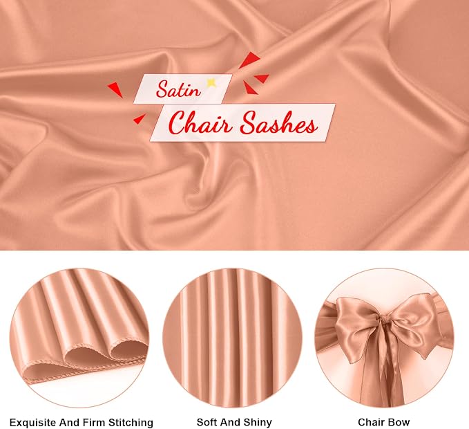 10 PCS Rose Gold Satin Chair Sashes Bows Universal Chair Ribbon Ties Back Sash for Wedding Party Reception Events Banquets Hotel Event Chair Cover Decoration (7x108 inch) - Image 3