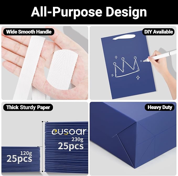 EUSOAR Paper Gift Bags, 25pcs 7.8"x3.9"x11" Navy Blue Kraft Wrap Bags with Handles Bulk Medium Size, Business Merchandise Grocery Retail Shopping Paper Bag Sacks Wedding Birthday Holiday Party Favors - Image 3