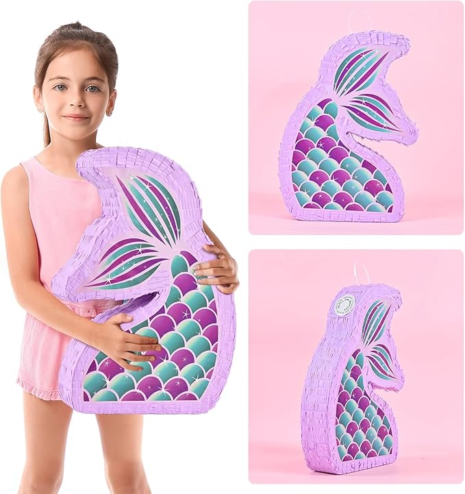 WERNNSAI Mermaid Piñata - Mermaid Party Supplies Piñata Bundle with Blindfold and Bat for Girls Kids Ocean Theme Birthday Party Game Carnival Activity Decorations (16.7" x 12.2" x 3.1")