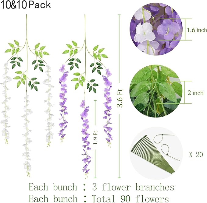 BLEUM CADE 20Pcs White & Purple Fake Wisteria Hanging Flowers | 3.6Ft/Pcs Artificial Wisteria Garland, Hanging Flowers for Wedding Party Home Backdrop Wall Decoration - Image 2