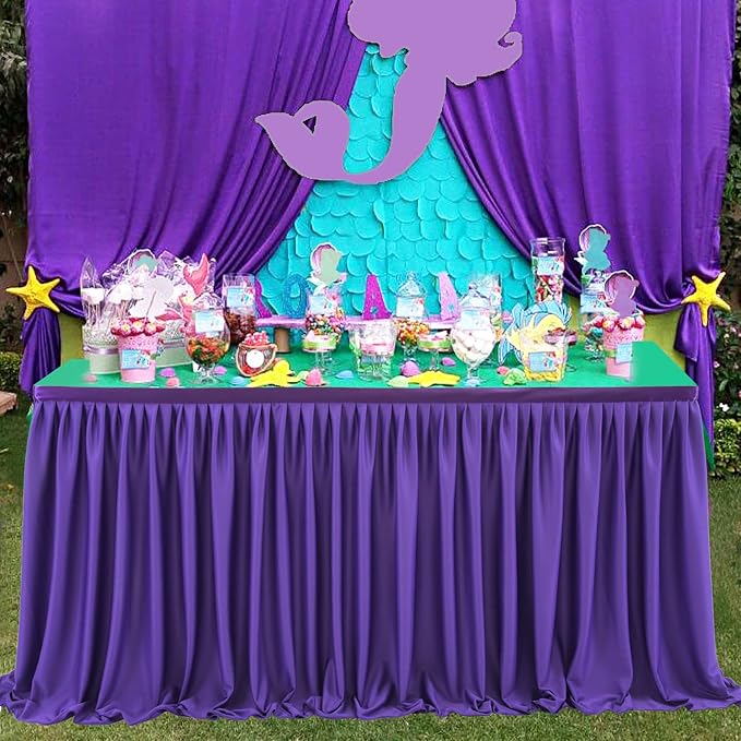 12ft Purple Table Skirt for Rectangle Tables Polyester Table Skirt Desk Skirts Ruffle Table Skirt Cloth for Birthday Party Banquet Purple Theme Party Wedding Bridal Shower Table Skirts - Image 6