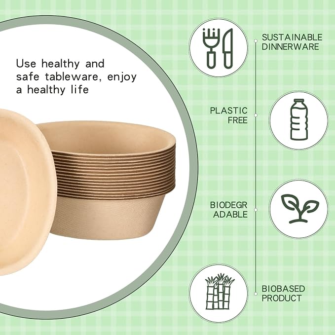 Dandat 6 oz Disposable Paper Bowls Bulk Small Bagasse Dessert Bowls for Ice Cream Soup Salad Pasta Party Supplies Picnic Banquet Barbecues Pet Food(Brown,250 Pcs) - Image 4