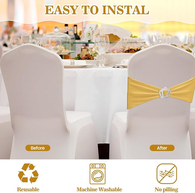 VitalCozy 100 Pcs Spandex Chair Sashes with Crown Buckle,Light Gold - Image 4