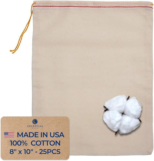 Celestial Gifts Large Cotton Muslin Drawstring Bags, 25 Pack, 8x10 | Bulk Fabric Gift Bags for Shoes, Parts, Party Favors & DIY Crafts, 100% Cotton, Made in USA, Red Hem & Orange Drawstring by CelestialGifts