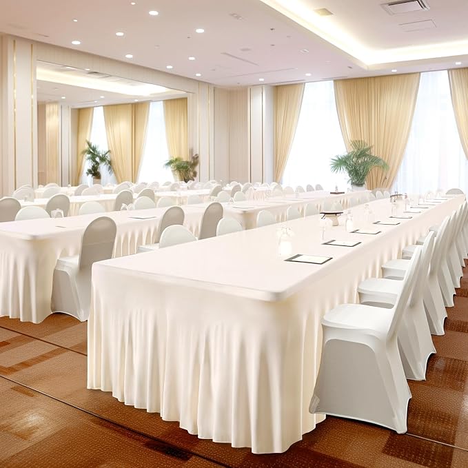 1 Pack Ivory Table Clothes for 6 Foot Rectangle Tables, One-Piece Wrinkle Resistant Stretch Spandex Table Covers with Skirt for Event Banquet Wedding Birthday Party - Image 7