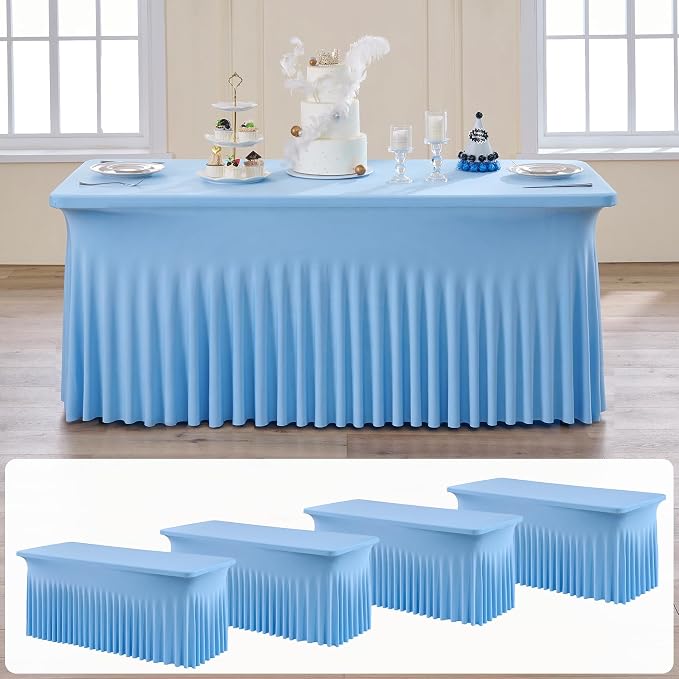 4 pk Baby Blue Spandex Tablecloth 6ft with Ruffle Skirt, Wrinkle Free High Stretch Fitted Tablecloths for 6 Foot Rectangle Tables, Blue Eastic Spandex Table Covers 6ft for Parties Banquet Weddings by ENJOYYOURPARTY
