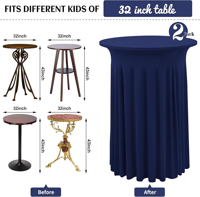 2 Pack Cocktail Stretch Table Skirt, Navy Blue, 32 x 43 inch - Image 3