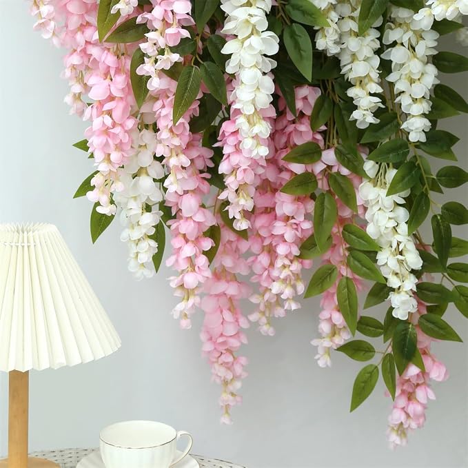 4 Pcs Two-Tone Flower Vine Artificial Wisteria Garland Silk Faux Hanging | pink-white Suitable for Home Hotel Stairs Wedding Arch Party Indoor Outdoor Decoration - Image 7