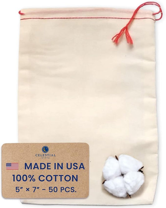 Celestial Gifts Muslin Cotton Drawstring Bags, Medium 50 Pcs, 5x7 Size | Reusable Tea, Coffee, Jewelry, Gift, Herbs & Spice Pouches, Sachet Bags, Made in USA, Featuring Red Hem & Drawstring by CelestialGifts