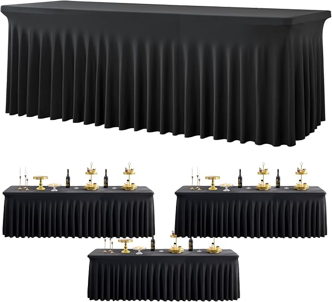 3 Pack Black Spandex Tablecloths for 8 Foot Rectangle Tables, Stretchy Fitted 8ft Table Cloths, Wrinkle Free Table Cloth Cover for Parties Weddings Birthday Banquet Baby Shower by Htper