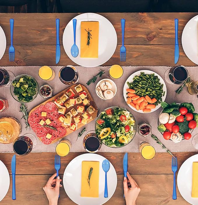 HEIPINIUYE 75 Pack Royal Blue Clear Plastic Cutlery Heavy Duty Clear Blue Plastic Knives Forks and Spoons Disposable Silverware Set for 25 Guest Camping Birthday Baby Shower Party Utensil Set