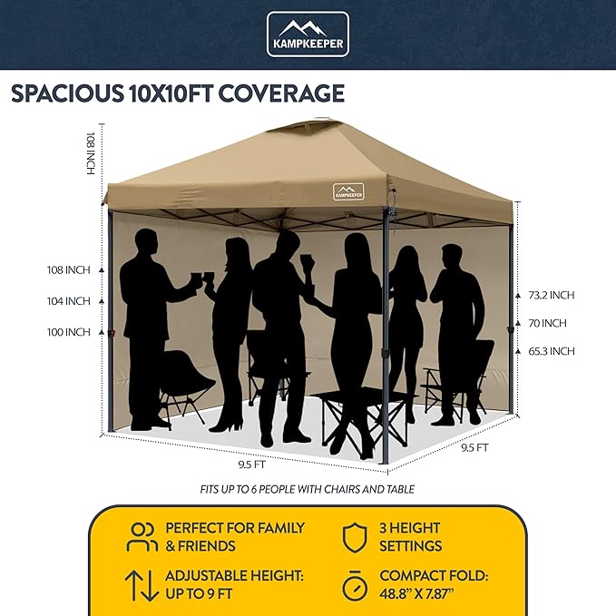 KAMPKEEPER 10x10 Pop-Up Canopy Tent, Waterproof, Portable Shade with Side Walls, Adjustable Instant Outdoor Shelter for Camping, Backyard, and Events, Khaki