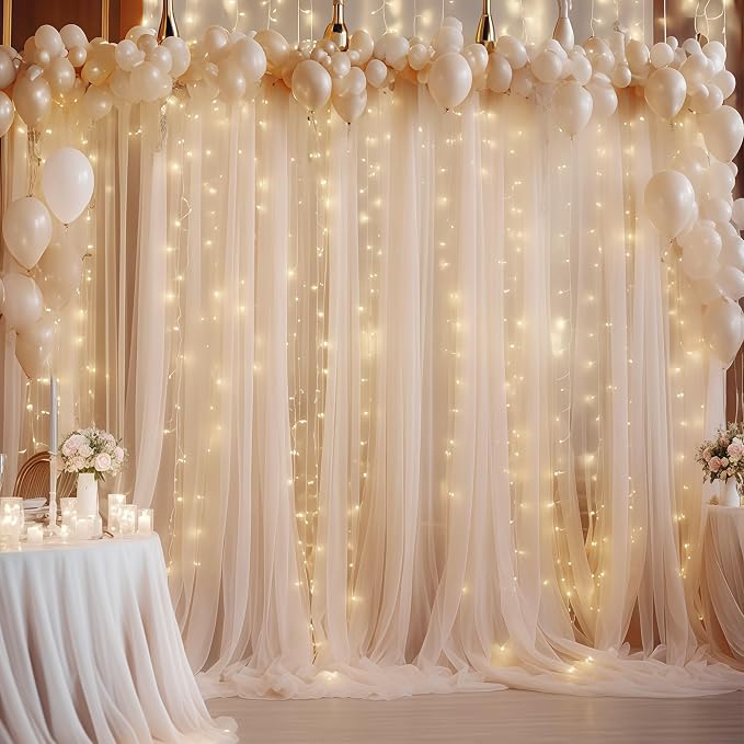 10×10ft Champagne Tulle Backdrop Curtain with Lights String for Parites, Sheer Photo Curtain Backdrop Drapes for Wedding Party Photography Backgrounds - Image 6