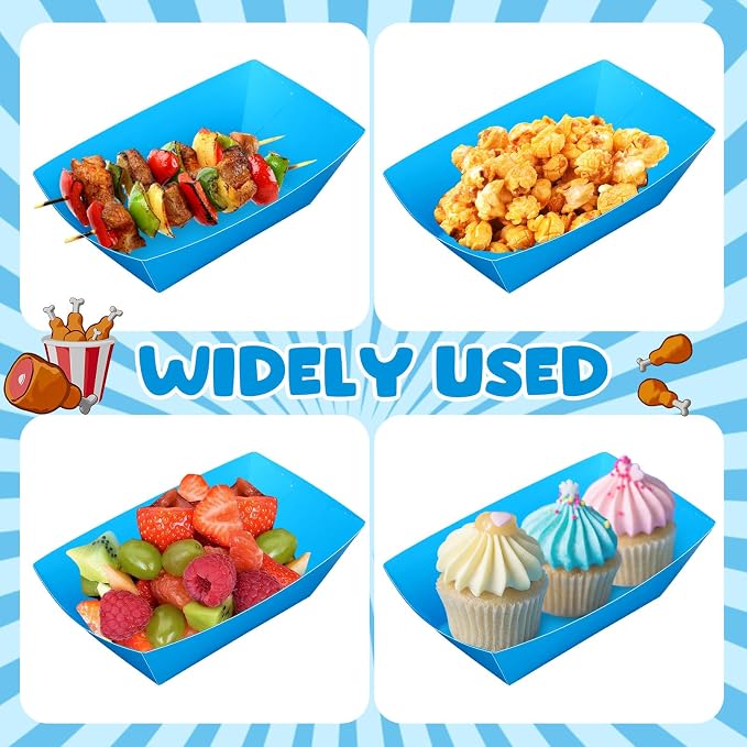 Uiifan 200 Pcs Paper Food Boats Disposable Paper Food Tray Grease Resistant Disposable Serving Tray Cardboard Hot Dog Holder for Burgers Fries Sandwiches Picnic Party (Blue) - Image 7