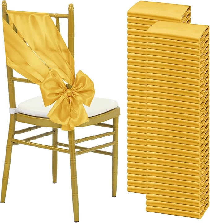 YMHPRIDE 60 PCS Gold Satin Chair Sashes,Ties Bows Designed Chair Sashes for Wedding Party Baby Shower Banquet Restaurant Hotel Folding Chairs Decoration(Gold,7x78 inch) by YMHPRIDE