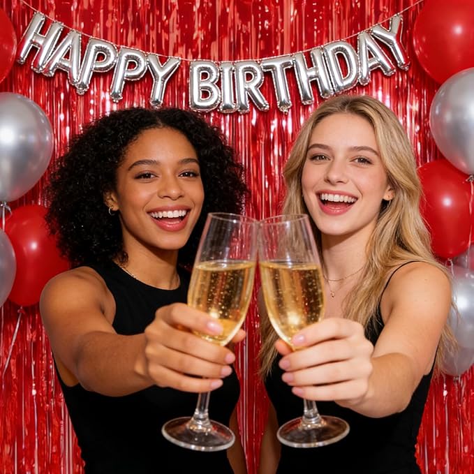 2 Pack Thickened Red Metallic Foil Fringe Curtains Streamer Rip Resistant Shimmer Tinsel Photo Booth Backdrop for Birthday Wedding Christmas Bachelorette Party Decorations 3.28ft x 6.56ft