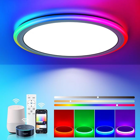 BLNAN Smart RGB LED Flush Mount Ceiling Light with Remote, 13 Inch 24W Dimmable Color Changing Low Profile Wired White Fixture, Works with Alexa Google Home App for Bedroom Living Kids Room Party
