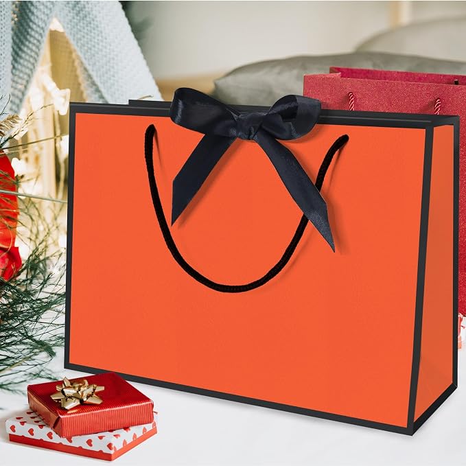 50 Pack Gift Bag with Bow Ribbon Horizontal Paper Gift Bags Bulk for Women Men Birthday Wedding Bridesmaid Party Favor Shopping Retail Gift Sacks (Orange, 11x4x8 Inch (Pack of 50)) - Image 5