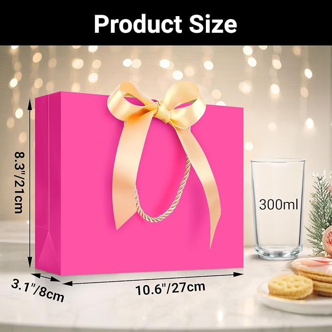 EUSOAR Hot Pink Gift Bags, 12pcs 10.6"x3.1"x8.3" Shopping Paper Bags with Bow Ribbon Handle, Party Favor Kraft Paper Bags Thank You Gift Treat Bags for Merchandise Shopping Wedding Birthday - Image 2