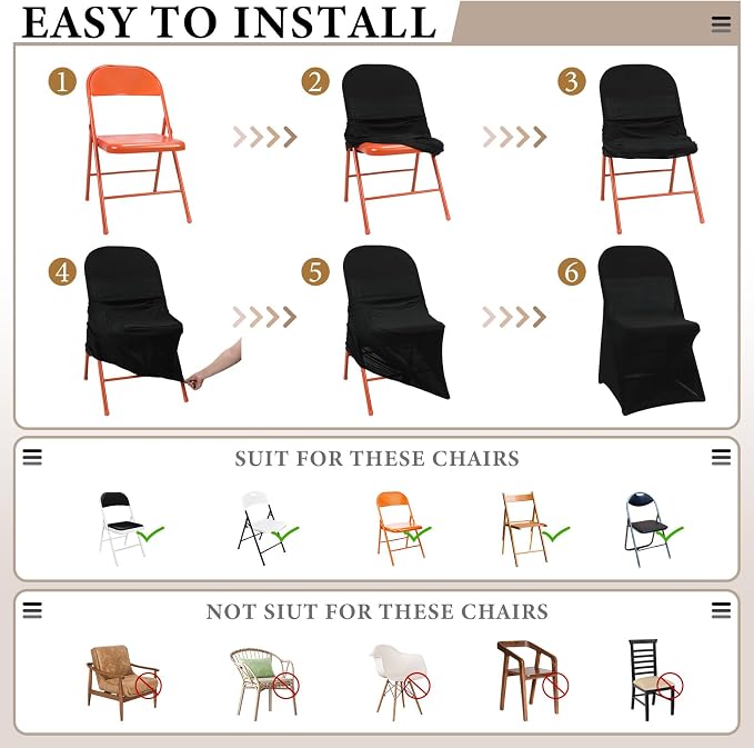 Newwiee 50 Pcs Spandex Chair Covers Bulk - Stretch Folding Flat Front Fitted Universal Chair Protector Pack Removable Washable for Wedding Party Dining Banquet Event (Black) - Image 3
