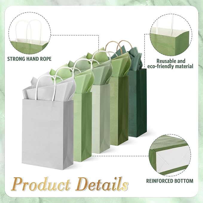 Kolldenn 50 Sets 100 Pcs Wedding Green Gift Bags Bulk with Tissue Paper Sage Green Paper Gift Bags with Handles for Wedding Guests Birthday Baby Shower Holiday Party, 8.27 x 5.91 x 3.15 - Image 3