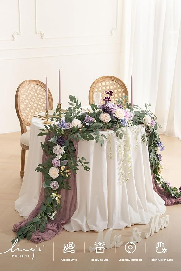 Ling's moment Purple Eucalyptus Flower Garland Wedding Arch 9 FT | Lilac Rose, Artificial Greenery, Sweetheart Table Decor, Floral Garland for Mantle, Centerpieces, Backdrop - Image 2