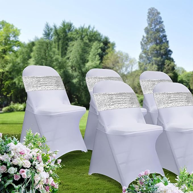 Sequin Silver Chair Sashes 100 Pack - Glitter Chair Bows Bands with Buckle for Wedding Birthday Party Bridal Shower Anniversary Engagement Christmas Events Decorations - Image 5