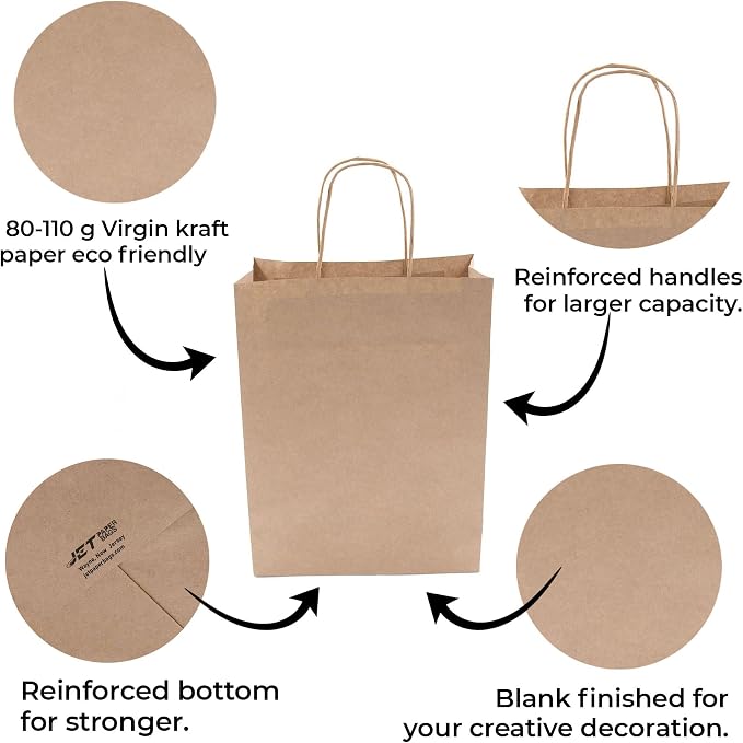JET PAPER BAGS - 10”x5”x10” Inch [100 Pcs] Brown Paper Bags with Handles Prime for Takeout, Grocery, Goody, Retail, Party, Gifts, Weddings - Recyclable Kraft Paper Gift Bags with Handles - Image 8