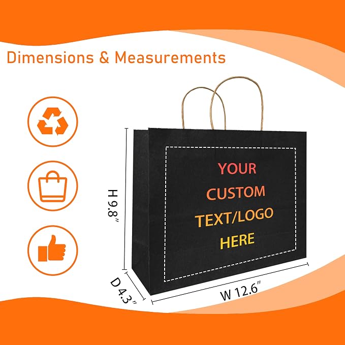 Custom Printed Kraft Paper Bags - 50Pack - 12.6" x 4.3" x 9.8"- Brown Gift Bags with Handles - Perfect for Small Business, Retail, Party Favors, Wedding - Premium Quality, Logo Customizable - Image 2