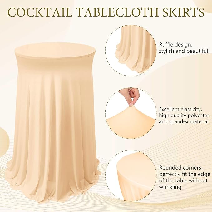 Tegeme 1 Pack Spandex Cocktail Table Cover Fitted with Skirt, Champagne | 32x43 Inch High Top Tables, Stretch Tablecloth for Weddings Parties Banquets, Fitted Covers Wrinkle Resistant Elegant Design - Image 3