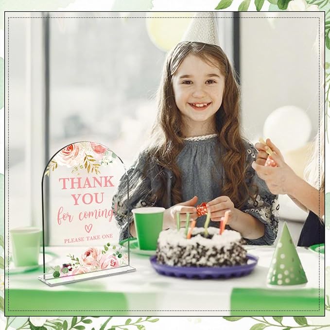 6 Pcs Baby in Bloom Shower Decorations, Baby Shower Sign, Newborn Gifts, Cards and Gifts Signs, Modern Arched Acrylic Table Top Signs With Stand for Birthday Party Decorations (Clear Pink Flower)