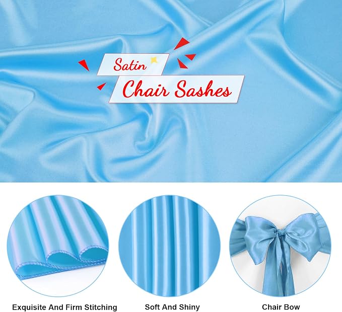 10 PCS Baby Blue Satin Chair Sashes Bows Universal Chair Ribbon Ties Back Sash for Wedding Party Reception Events Banquets Hotel Event Chair Cover Decoration (7x108 inch) - Image 3