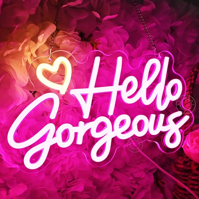 SYLHOME Hello Gorgeous Led Neon Light Sign Heart Bedroom Girls Room Wall Decor Sign Bar Beauty Studio Salon Wedding Birthday Christmas Party Decoration 11.8" X 6.8" USB