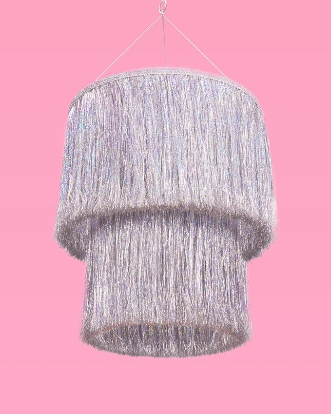 xo, Fetti Fringe Tinsel Chandelier - Iridescent Silver Foil, 16" | Bachelorette Party Decorations, Birthday Photo Booth Supplies, New Years Eve Decor, HBD