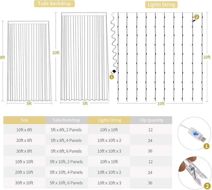 6 Panels Champagne Sheer Tulle Backdrop Curtains with Lights String for Party Wedding Wrinkle Free Curtain Backdrops Drapes for Baby Shower Bridal Shower Photo Background Home Decorations 30ft x 10ft - Image 5