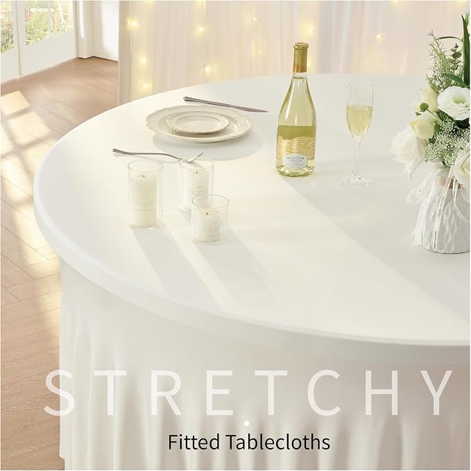 6 Pack Ivory Spandex Round Tablecloths for 60 inch Table, Wrinkle Free 120inch Stretchy Fitted 5FT Round Table Cloths Cover with Skirt for Wedding Party Dining Banquet - Image 2