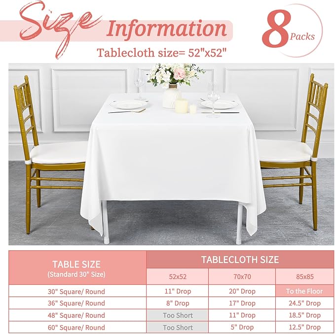 Showgeous 8 Pack Black Polyester 52x52 Inch Tablecloths | Soft polyester, wrinkle resistant, fade resistant, smooth finish, fine stitching, folded hems, reusable, machine washable - Image 2