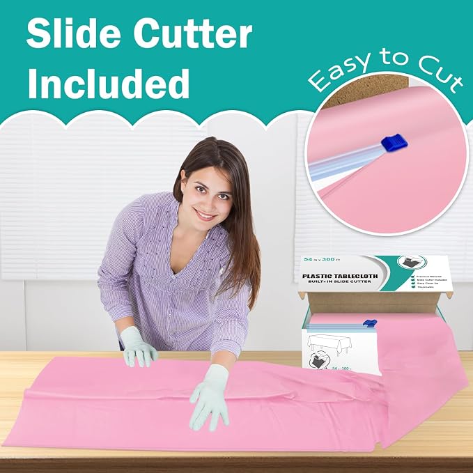 54 Inch x 300 Feet Pink Plastic Tablecloth Roll Disposable Table Cloth with Cutter Box Plastic Table Cover for Party - Image 3