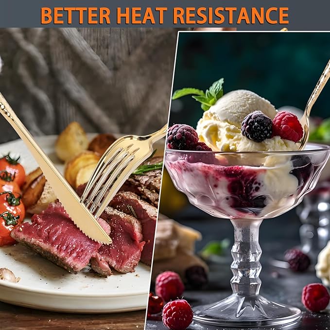 SUT 300PCS Gold Plastic Silverware, Gold Plastic Utensils, Heavy Duty plastic Silverware, Includes:100 Knives, Forks and Spoons, Birthday, Wedding, Hammered silverware Set