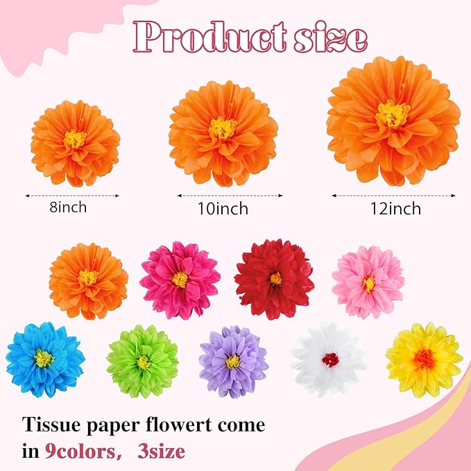 Geyee 54 Pcs Mexican Fiesta Tissue Paper Flowers Party, 8" 10" 12" | Large Colorful Crepe Flower, Mexican Fiesta Party Decorations, for Backdrop Wall Decor, Birthday Wedding Carnival Craft Decor - Image 2