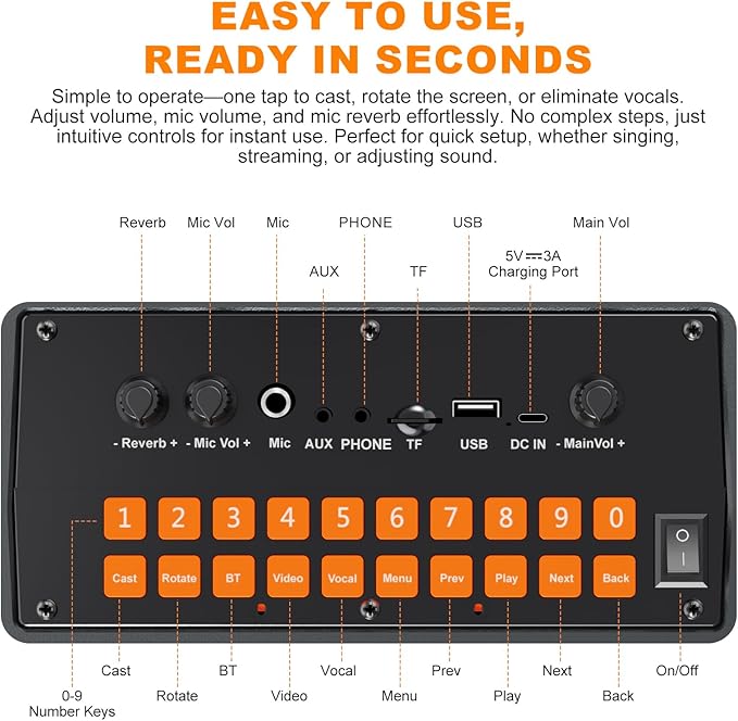 Portable Bluetooth Karaoke Speaker with 14.1” HD Screen, Wireless Screen Mirroring for iOS & Android, 2 Wireless Rechargeable Mics, AUX/USB/TF Card, Dynamic Lyric Display via Bluetooth, Ideal for Home