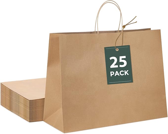 GSSUSA Brown Paper Bags with Handles, Large Gift Bags 16x6x12 Inch, 25 Pack | Sturdy Kraft Shopping Bags for Small Business, Grocery, Food Service, Takeout, Boutique, Retail, and Gift Packaging. by GSSUSA