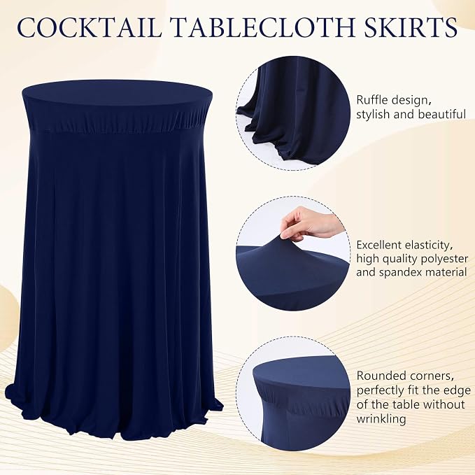 Tegeme 1 Pack Spandex Cocktail Table Cover Fitted with Skirt, Navy | 32x43 Inch High Top Tables, Stretch Tablecloth for Weddings Parties Banquets, Fitted Covers Wrinkle Resistant Elegant Design - Image 3