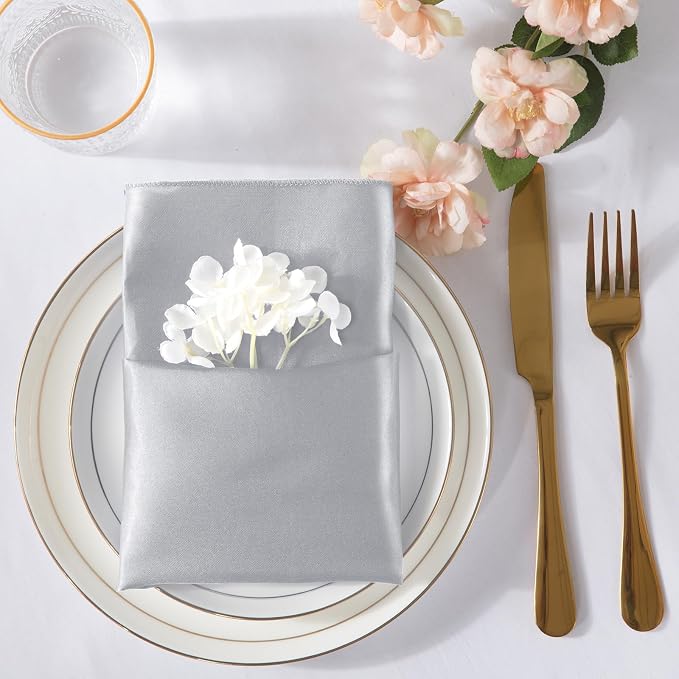 MILVOWOC Square Silver Satin Napkins, 20 x 20 Inch, 72 Pack | Soft Silk, Smooth Decorative, Washable & Reusable, For Weddings Dinner Restaurant Party - Image 3