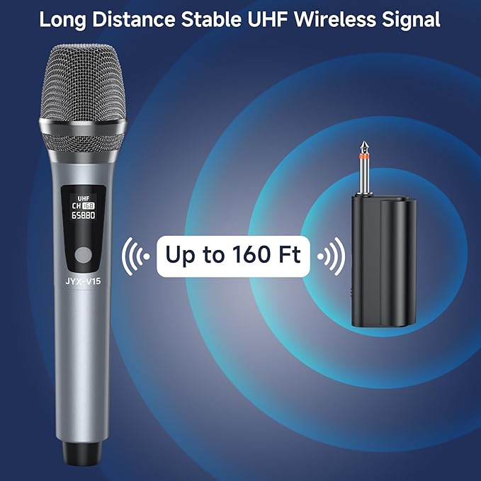 JYX Wireless Microphone, Professional UHF Metal Handheld Dynamic Mic System with Rechargeable Receiver 1/4''(6.35mm) Plug for Amplifier, PA System, Karaoke Singing, Wedding, Party, Speech, Class