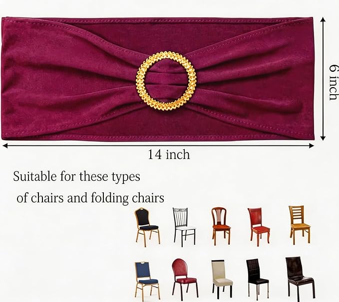Pack of 50 Spandex Dark Burgundy Chair Sashes with Gold Buckles, Stretch Chair Bands Bows for Wedding Party Baby Shower Decor - Image 3