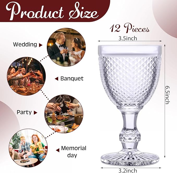 Bokon 12 Pack Purple Glass Goblets Set 10 oz High Clear Wine Glass Vintage Water Goblets Cups Embossed Diamond Design Glassware with Stem for Drinking Juice Liquor Party Wedding Bar