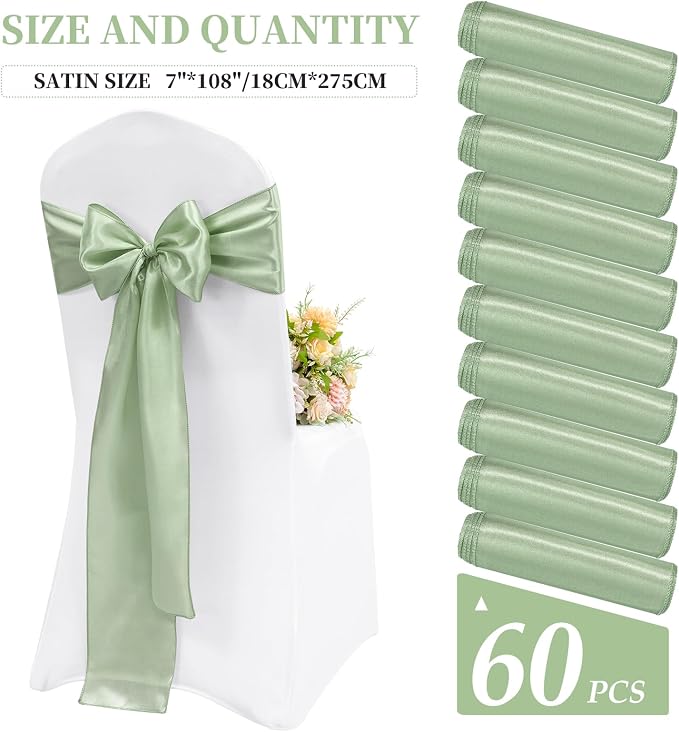 60 Pcs Sage Green Chair Sashes Satin Chair Bows Sashes for Party, Hotel, Wedding, Reception, Restaurant Event Decoration (7 x 108 inch) - Image 2