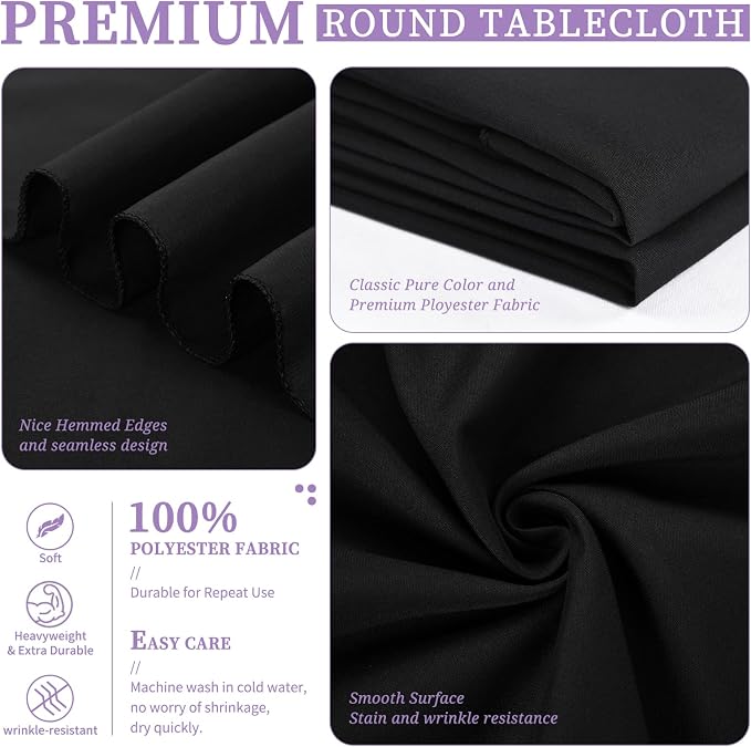 Showgeous 8 Pack Black Polyester 90 Inch Round Tablecloths | Soft polyester, wrinkle resistant, fade resistant, smooth finish, fine stitching, folded hems, reusable, machine washable - Image 4